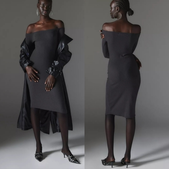 Urban Outfitters Cookie Off the Shoulder Sweater Midi Dress in Black Sz L NWT - Picture 1 of 11